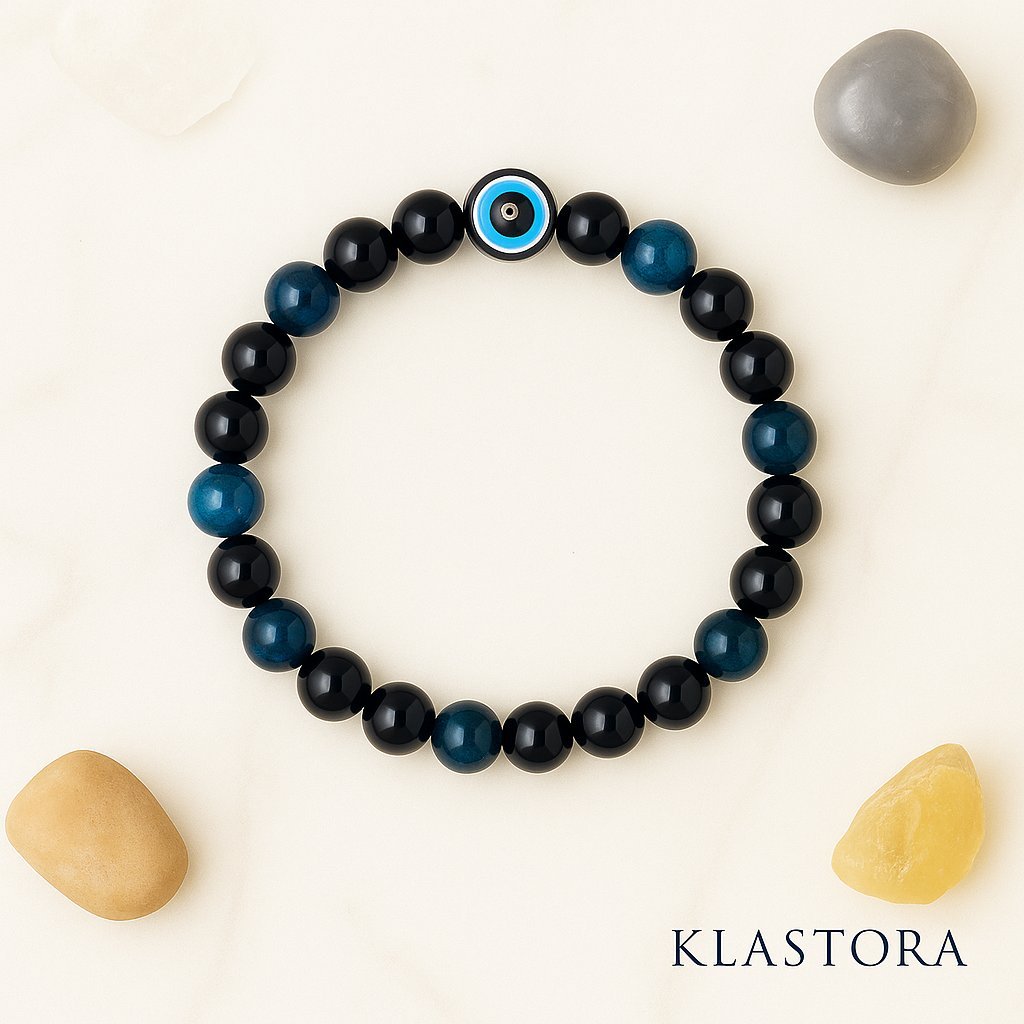 Bracelet mauvais œil en agate bleue et onyx noir – protection et énergie positive – bijou spirituel Klastora.