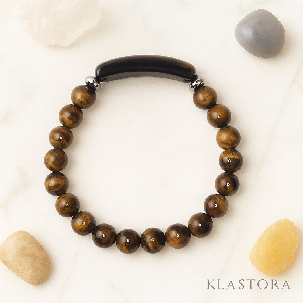 Bracelet en œil de tigre naturel avec barre centrale en pierre, symbole de protection et de confiance en soi, bijou spirituel Klastora