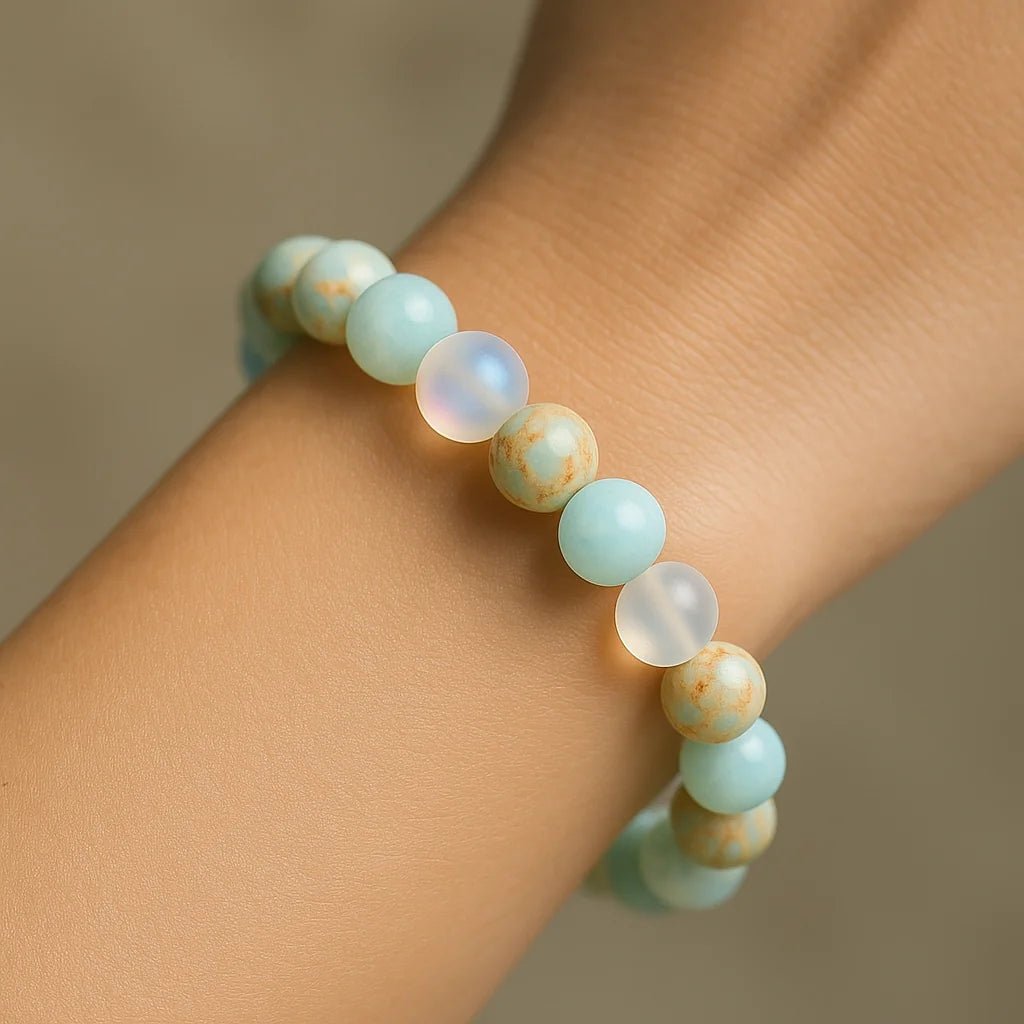 Bracelet quartz aura et jaspe océanique 8 mm porté sur poignet : reflets irisés. Élastique ~18 cm