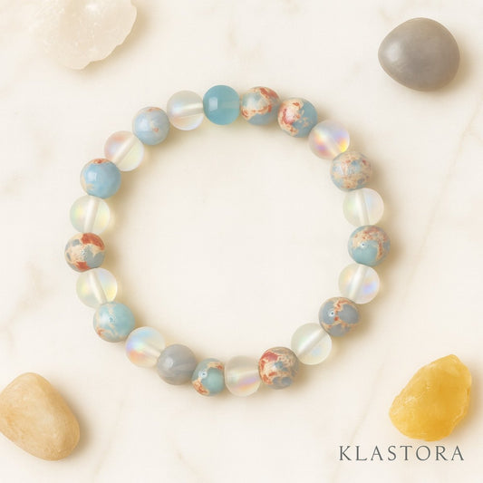 Bracelet en pierres naturelles quartz et jaspe océanique, symbole de sérénité, d’harmonie et de calme intérieur,  Klastora.