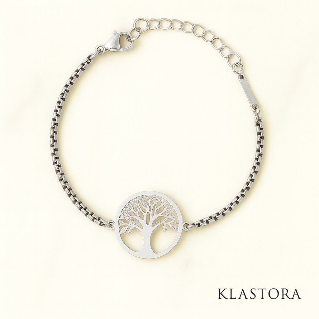 Bracelet argenté arbre de vie, acier inoxydable, symbole d’équilibre, d’énergie positive et d’harmonie intérieure, Klastora.