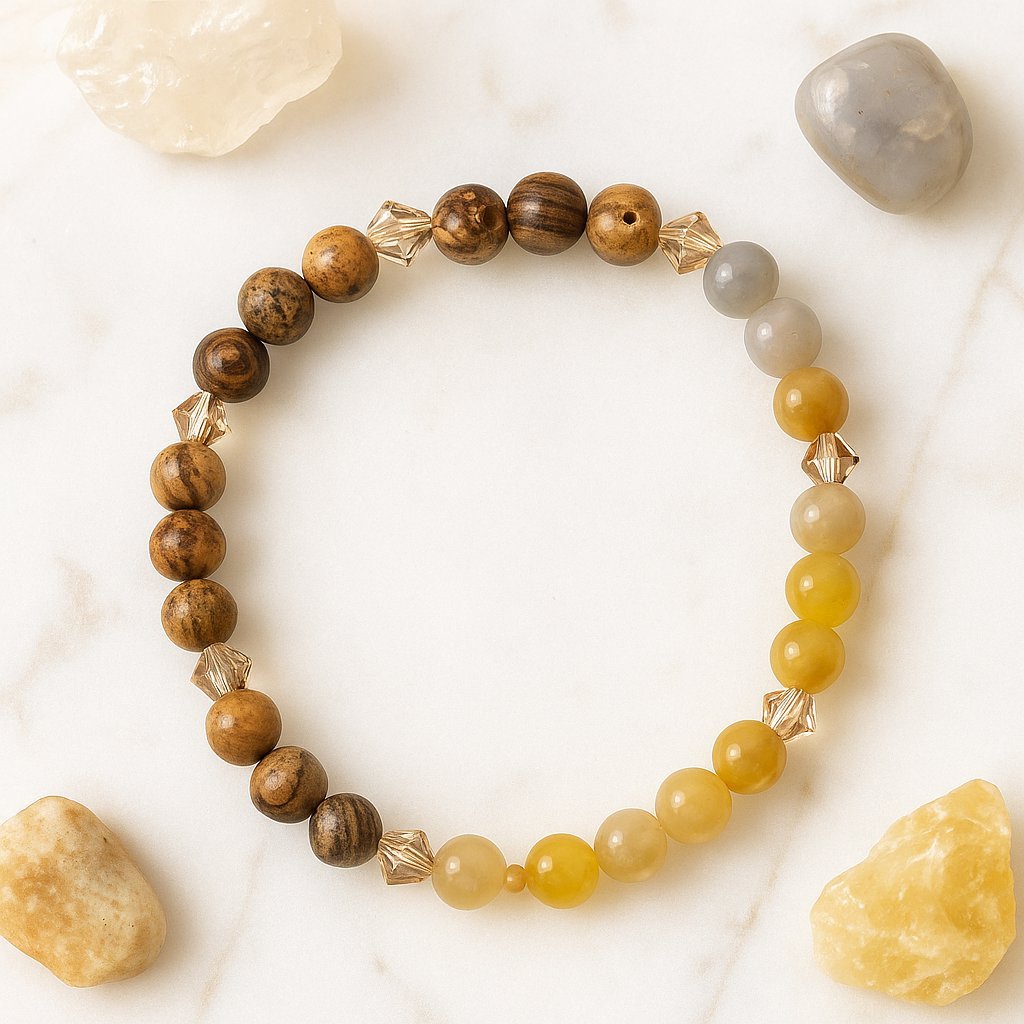 Bracelet spirituel en pierres naturelles de citrine et jaspe, symbole d’énergie positive et de confiance, bijou Klastora.