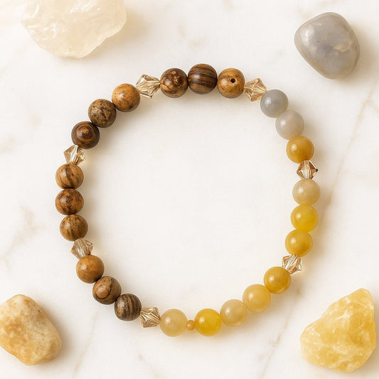 Bracelet spirituel en pierres naturelles de citrine et jaspe, symbole d’énergie positive et de confiance, bijou Klastora.