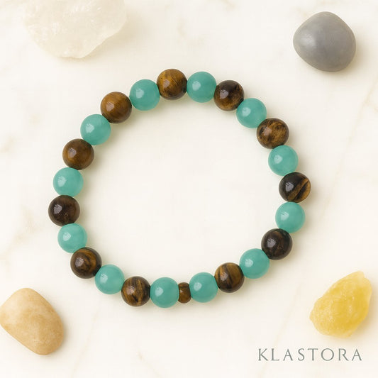 Bracelet en pierres naturelles œil de tigre et amazonite, symbole d’équilibre, de confiance et d’énergie positive,  Klastora.