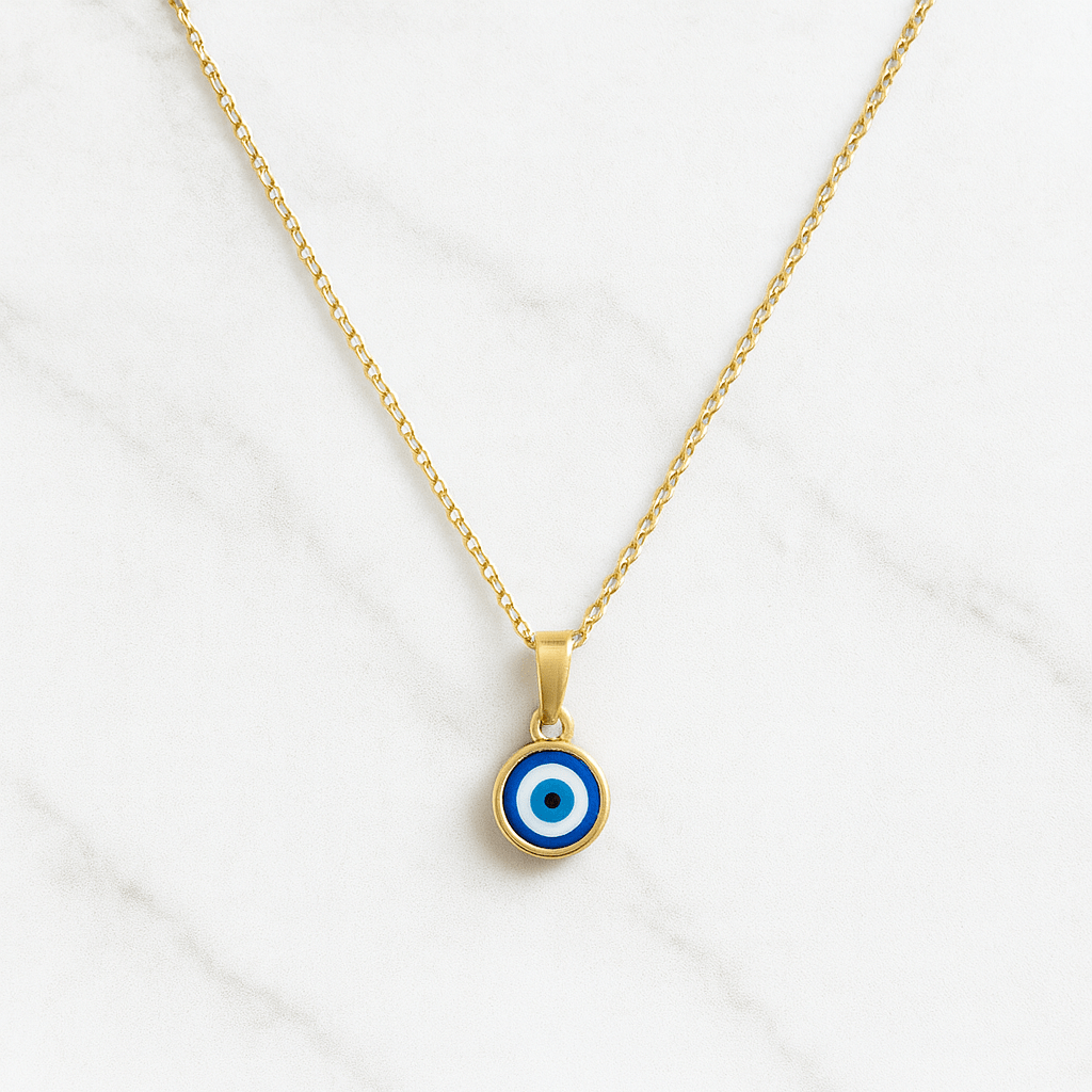 Pendentif porte-bonheur mauvais oeil en acier inoxydable plaqué or. Chaîne réglable 40 + 5 cm, durable & hypoallergénique