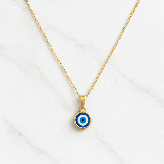 Pendentif porte-bonheur mauvais oeil en acier inoxydable plaqué or. Chaîne réglable 40 + 5 cm, durable & hypoallergénique